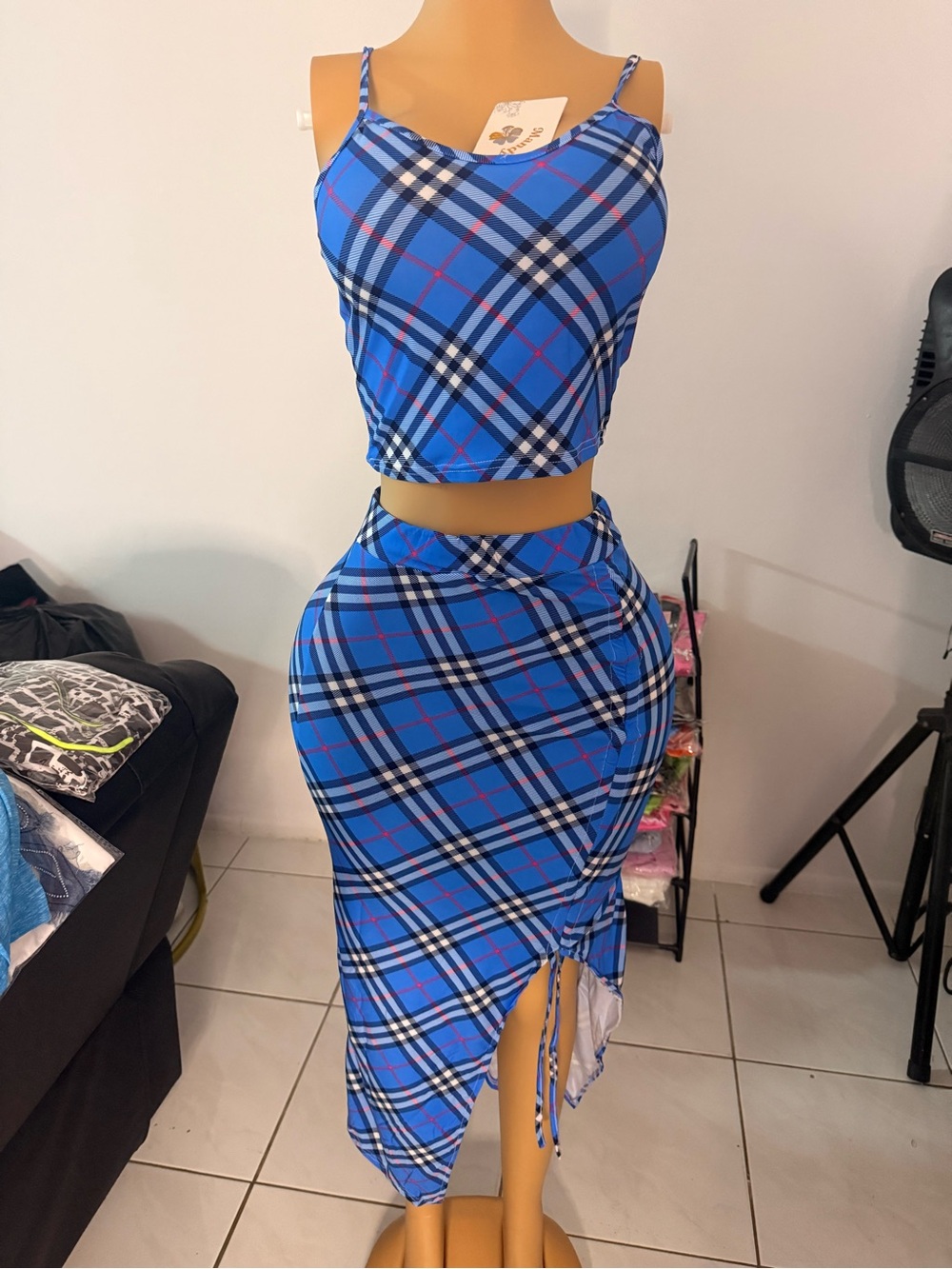 Blue Plaid Two-Piece Midi Skirt Set